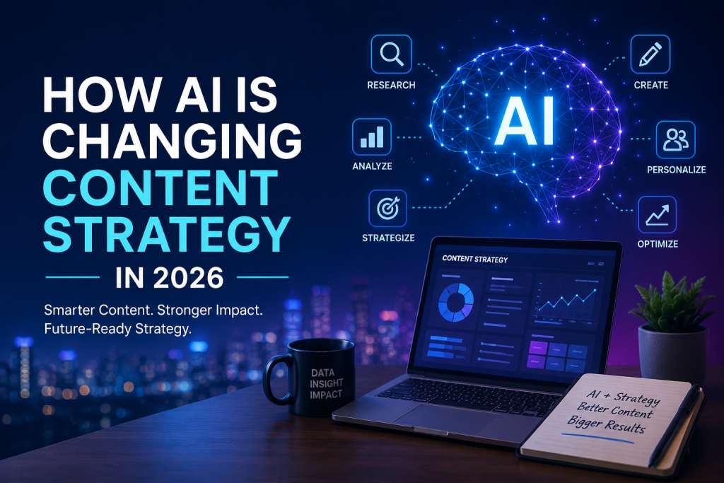 AI-powered content strategy dashboard illustrating how artificial intelligence is changing content marketing in 2026