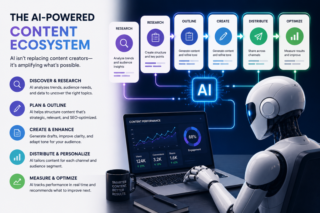 AI-powered content workflow showing research, planning, creation, distribution, personalization, and performance optimization